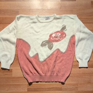 Vintage TanJay Rose Design Sweater in Cream and Pink